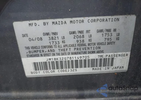 2008 Mazda Mazda3 I Touring Value z USA, uszkodzony, nr VIN JM1BK32G781149705